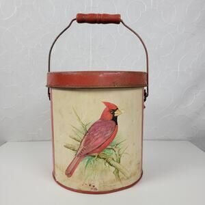 Vintage Keller-Charles Cardinal Bird Decorative Tin Bucket with Lid and Handle